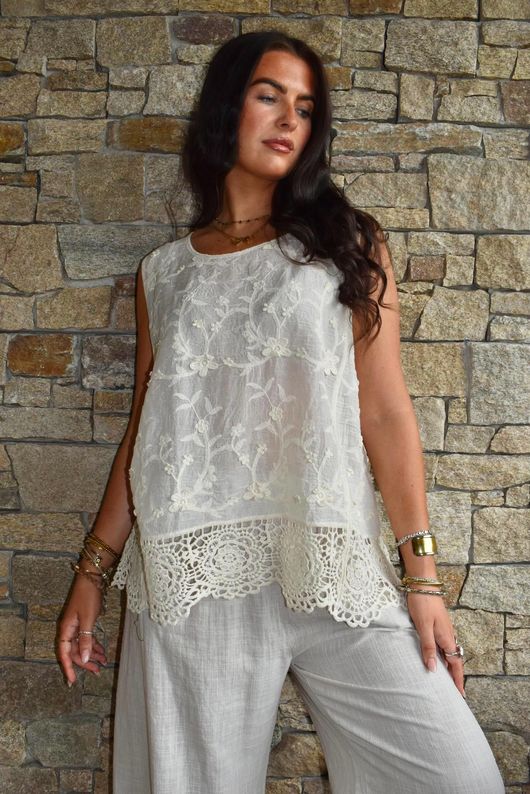 Veronica Embroidered Tank Vintage Cream